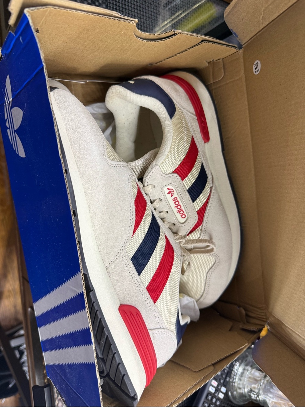 adidas Men’s Cream Sneakers with Red & Navy Stripes